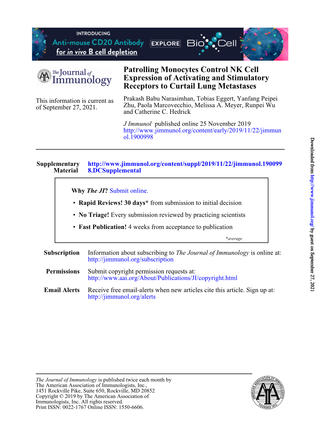 Patrolling Monocytes Control NK Cell Expression of Activating and Stimulatory Receptors to Curtail Lung Metastases