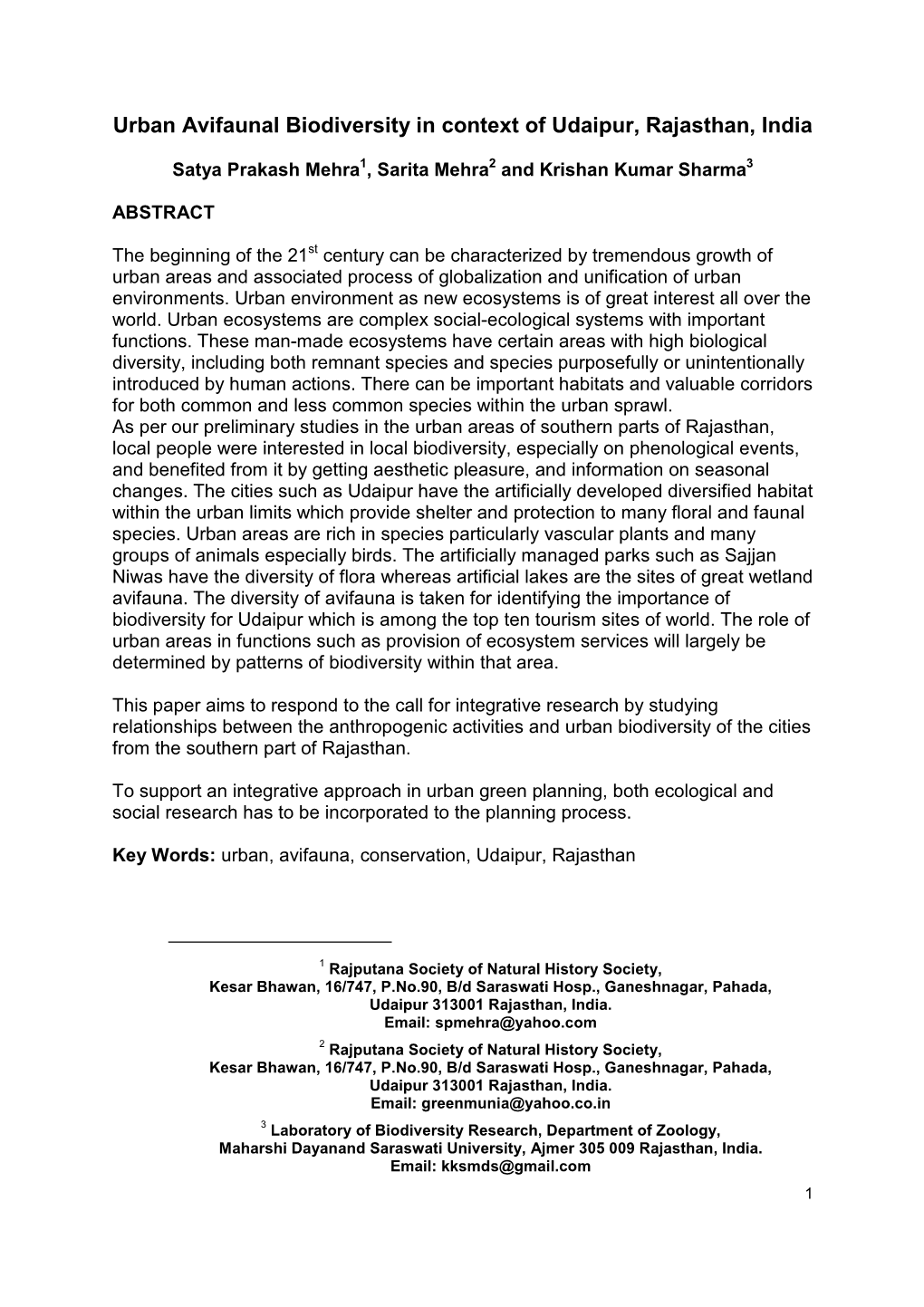 Urban Avifaunal Biodiversity in Context of Udaipur, Rajasthan, India