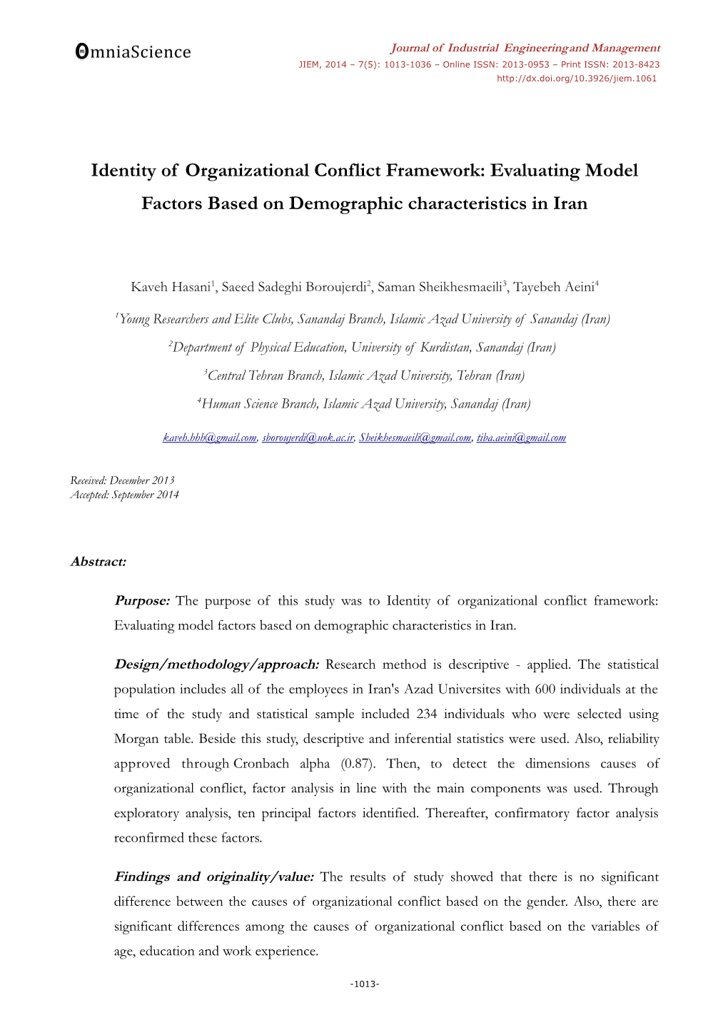 Identity of Organizational Conflict Framework: Evaluating Model Factors Based on Demographic Characteristics in Iran