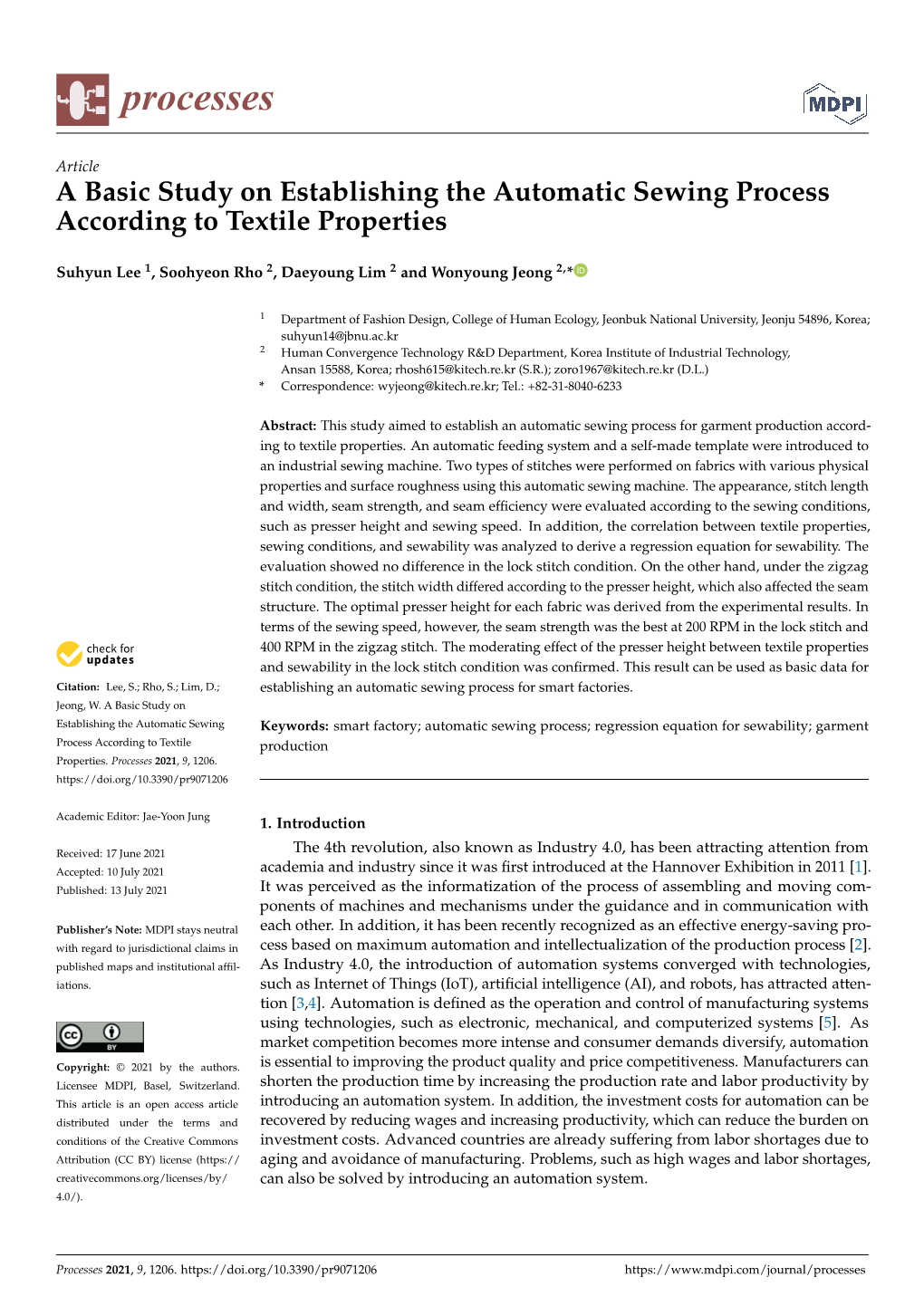 A Basic Study on Establishing the Automatic Sewing Process According to Textile Properties