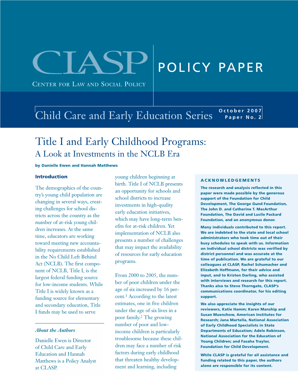 Title I and Early Childhood Programs: a Look at Investments in the NCLB Era