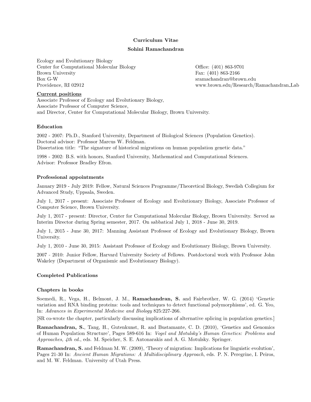 Curriculum Vitae Sohini Ramachandran Ecology and Evolutionary Biology Center for Computational Molecular Biology Office