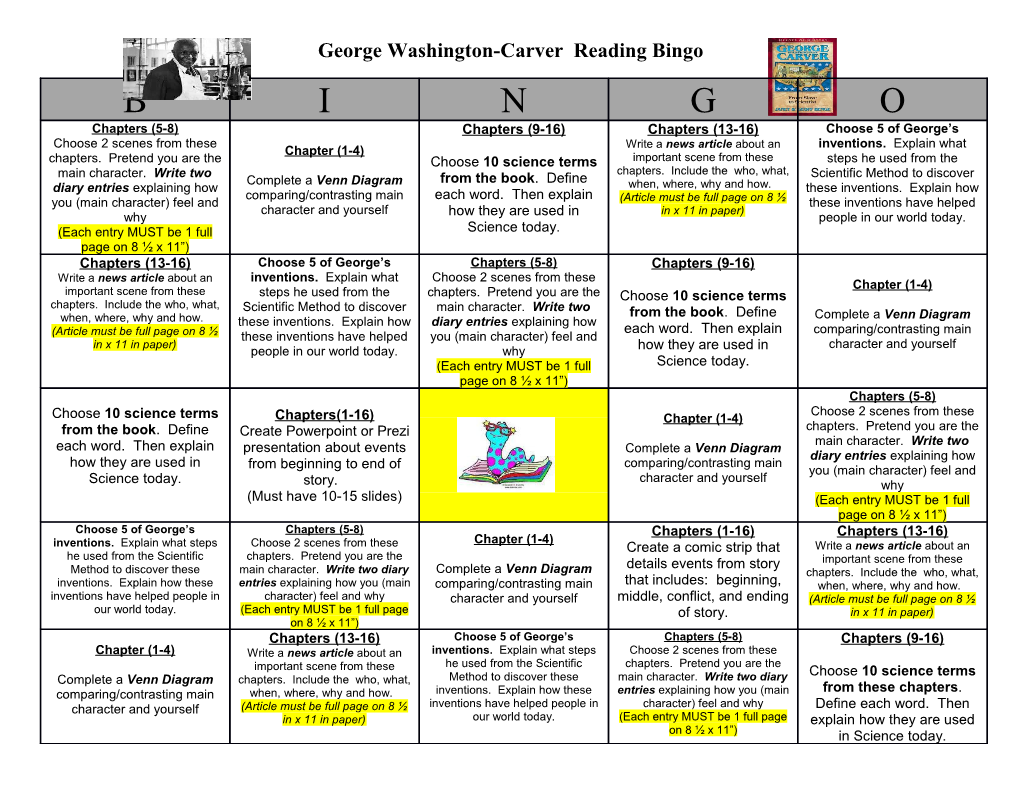 George Washington-Carver Reading Bingo