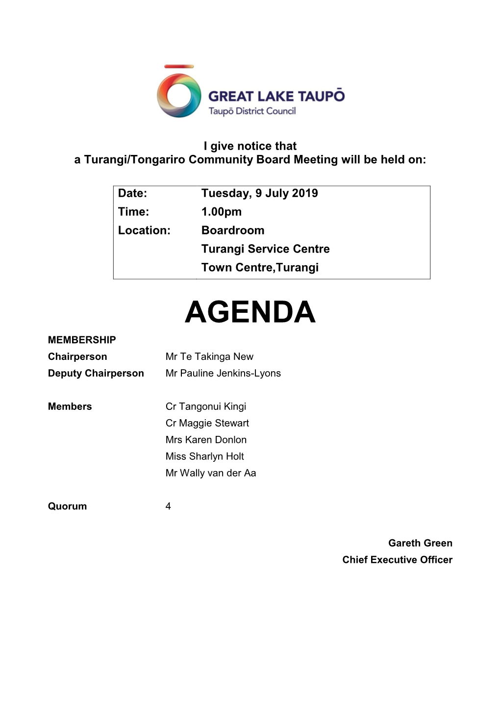 Agenda of Turangi/Tongariro Community Board Meeting