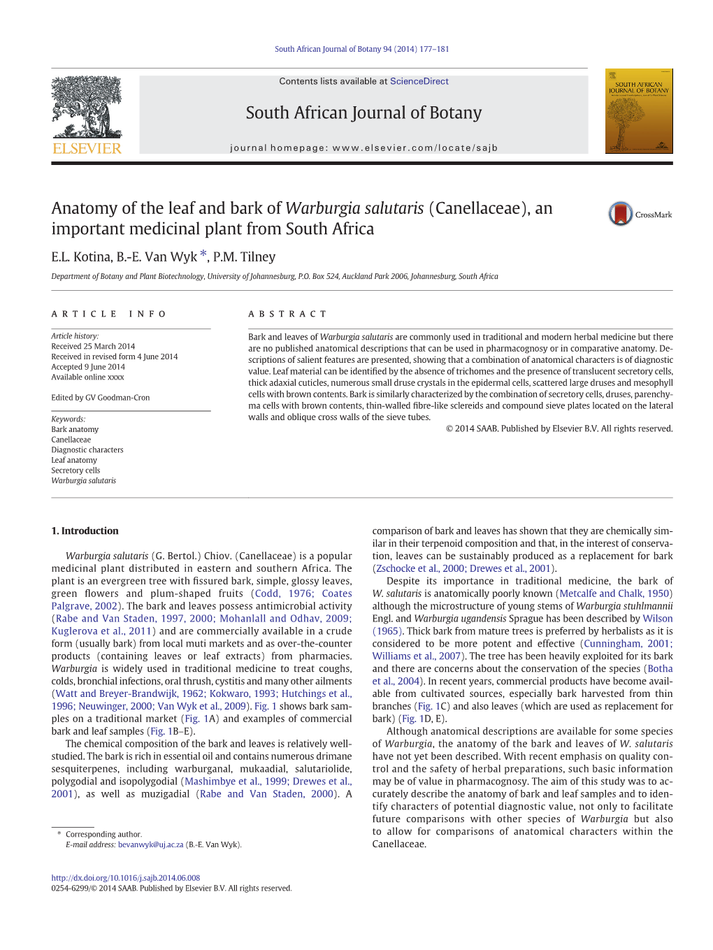 Anatomy of the Leaf and Bark of Warburgia Salutaris (Canellaceae), an Important Medicinal Plant from South Africa