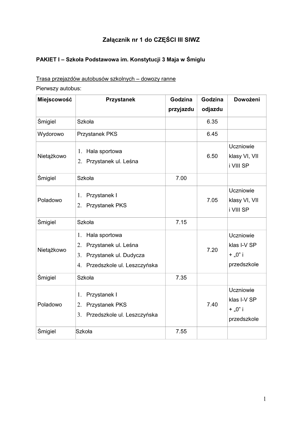 1 Załącznik Nr 1 Do CZĘŚCI III SIWZ