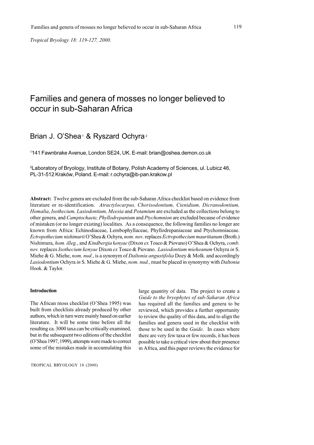 Families and Genera of Mosses No Longer Believed to Occur in Sub-Saharan Africa 119