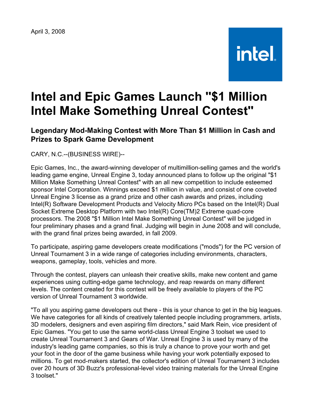 Intel and Epic Games Launch ''$1 Million Intel Make Something Unreal Contest''