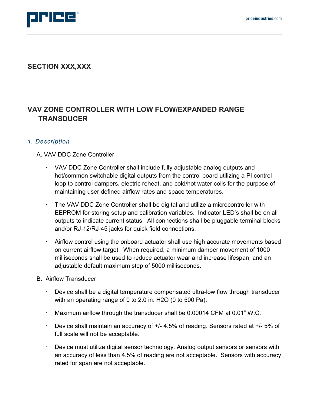 VAV ZONE CONTROLLER with Low Flow/Expanded Range Transducer