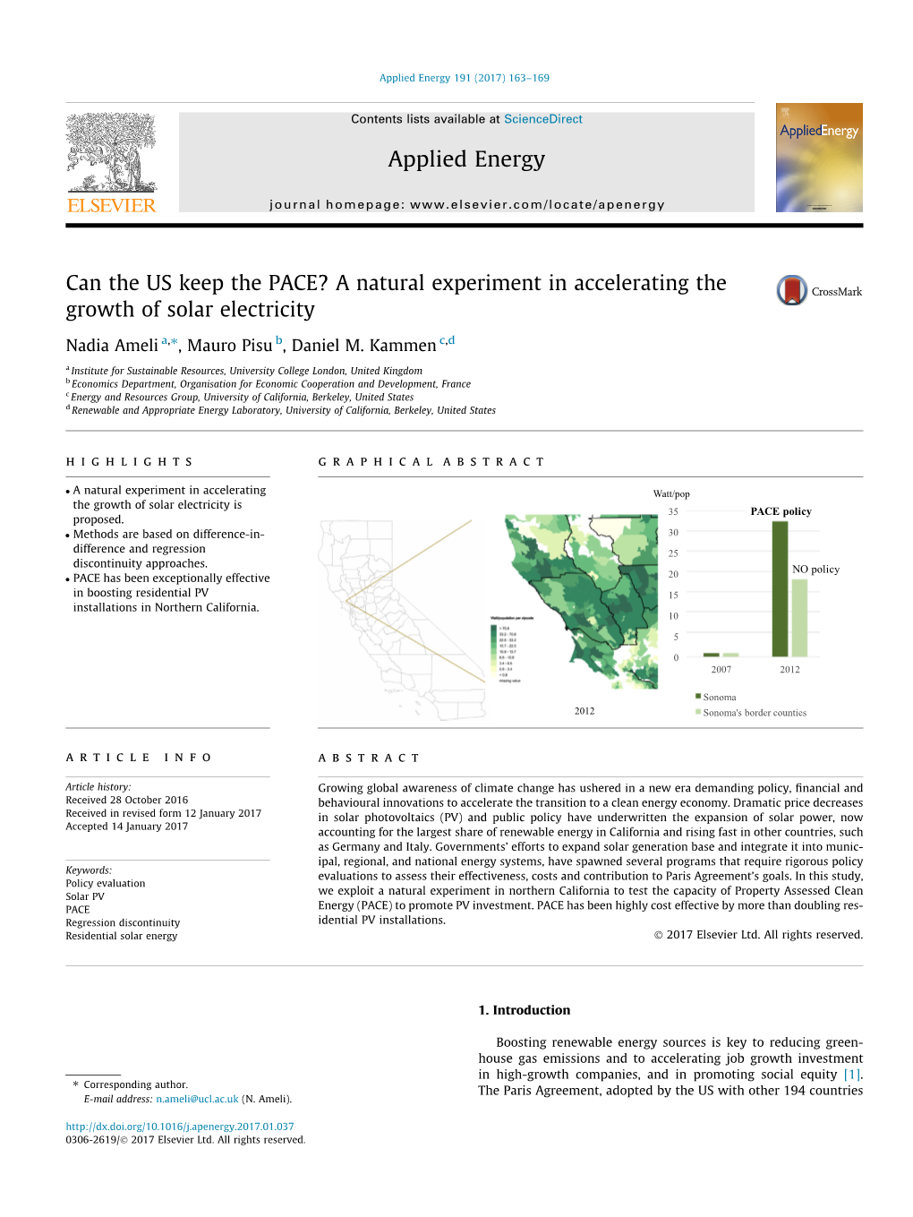 Can the US Keep the PACE? a Natural Experiment in Accelerating the Growth of Solar Electricity ⇑ Nadia Ameli A, , Mauro Pisu B, Daniel M