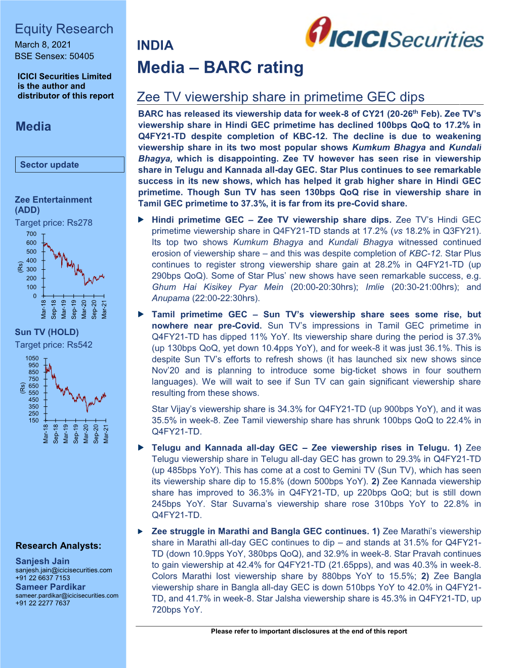 Equity Research March 8, 2021 INDIA BSE Sensex: 50405