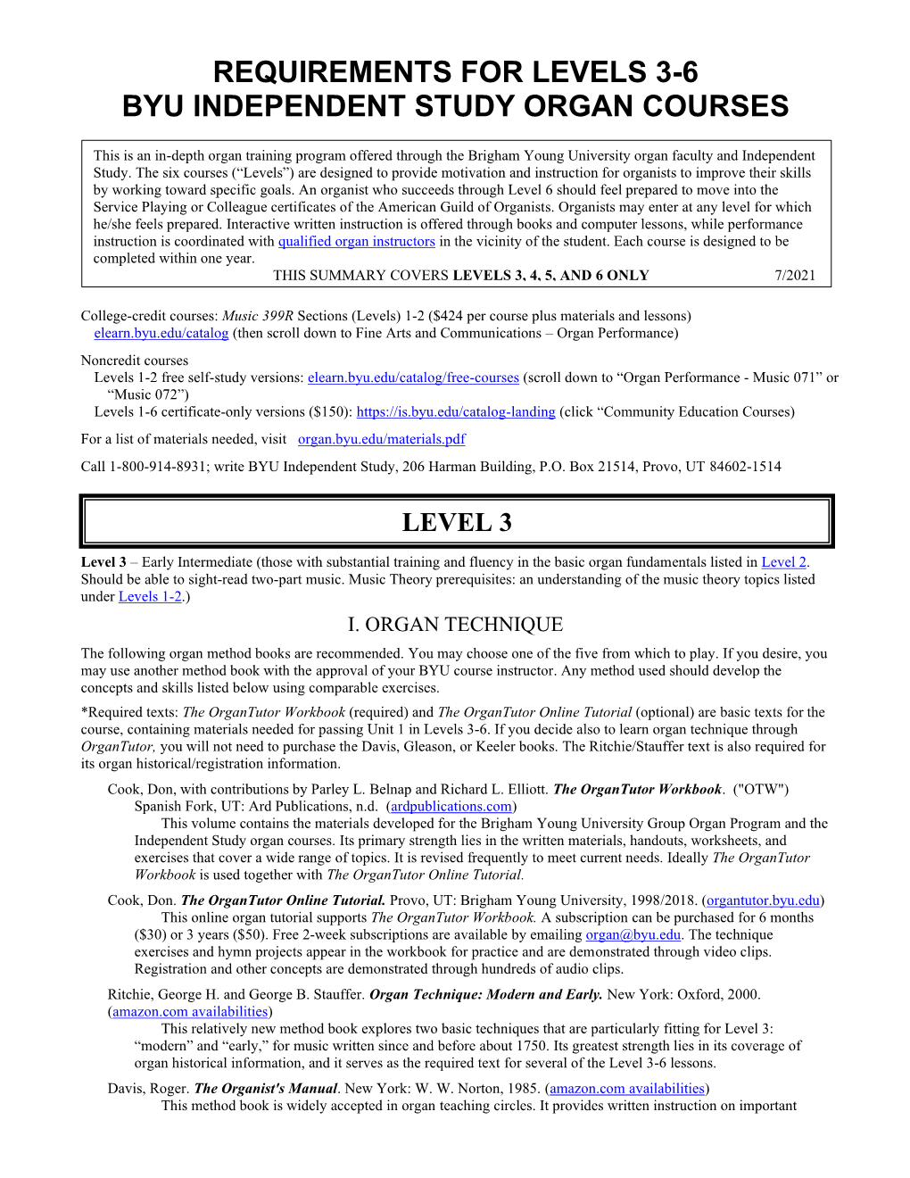 Requirements for Levels 3-6 Byu Independent Study Organ Courses