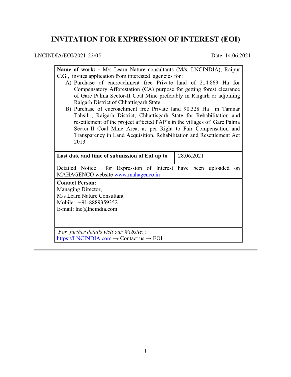 Invitation for Expression of Interest (Eoi)