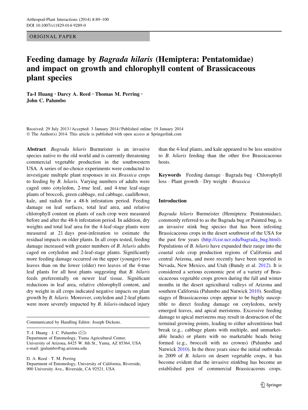 Feeding Damage by Bagrada Hilaris (Hemiptera: Pentatomidae) and Impact on Growth and Chlorophyll Content of Brassicaceous Plant Species