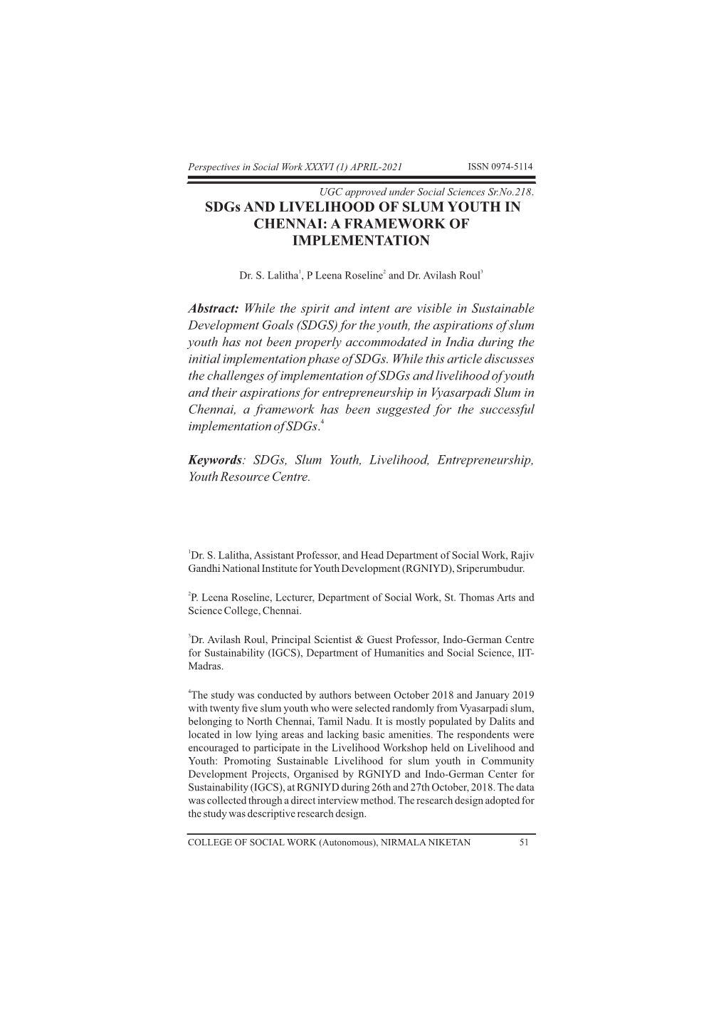 Sdgs and LIVELIHOOD of SLUM YOUTH in CHENNAI: a FRAMEWORK of IMPLEMENTATION