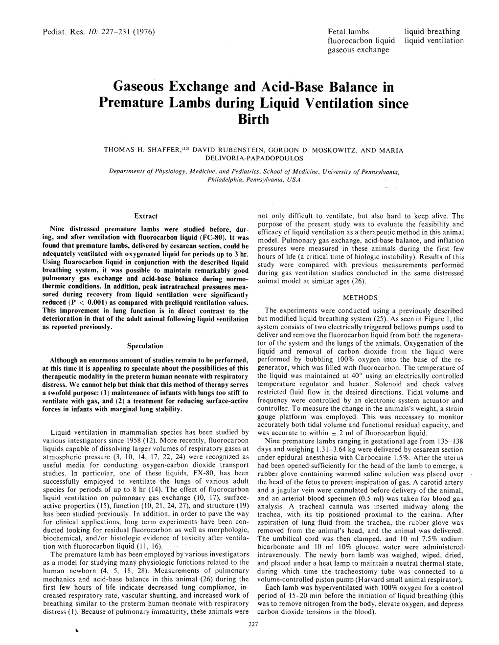 Gaseous Exchange and Acid-Base Balance in Premature Lambs During Liquid Ventilation Since Birth