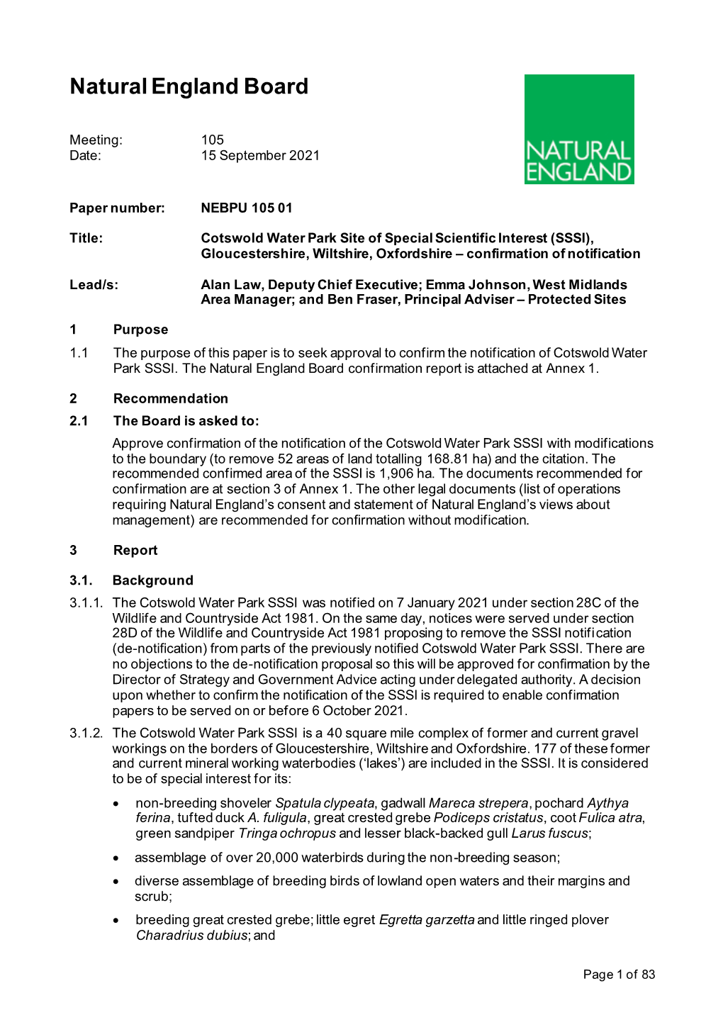 Cotswold Water Park Site of Special Scientific Interest (SSSI), Gloucestershire, Wiltshire, Oxfordshire – Confirmation of Notification