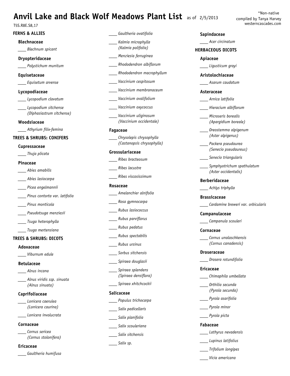 Plant List Anvil Lake and Black Wolf Meadows