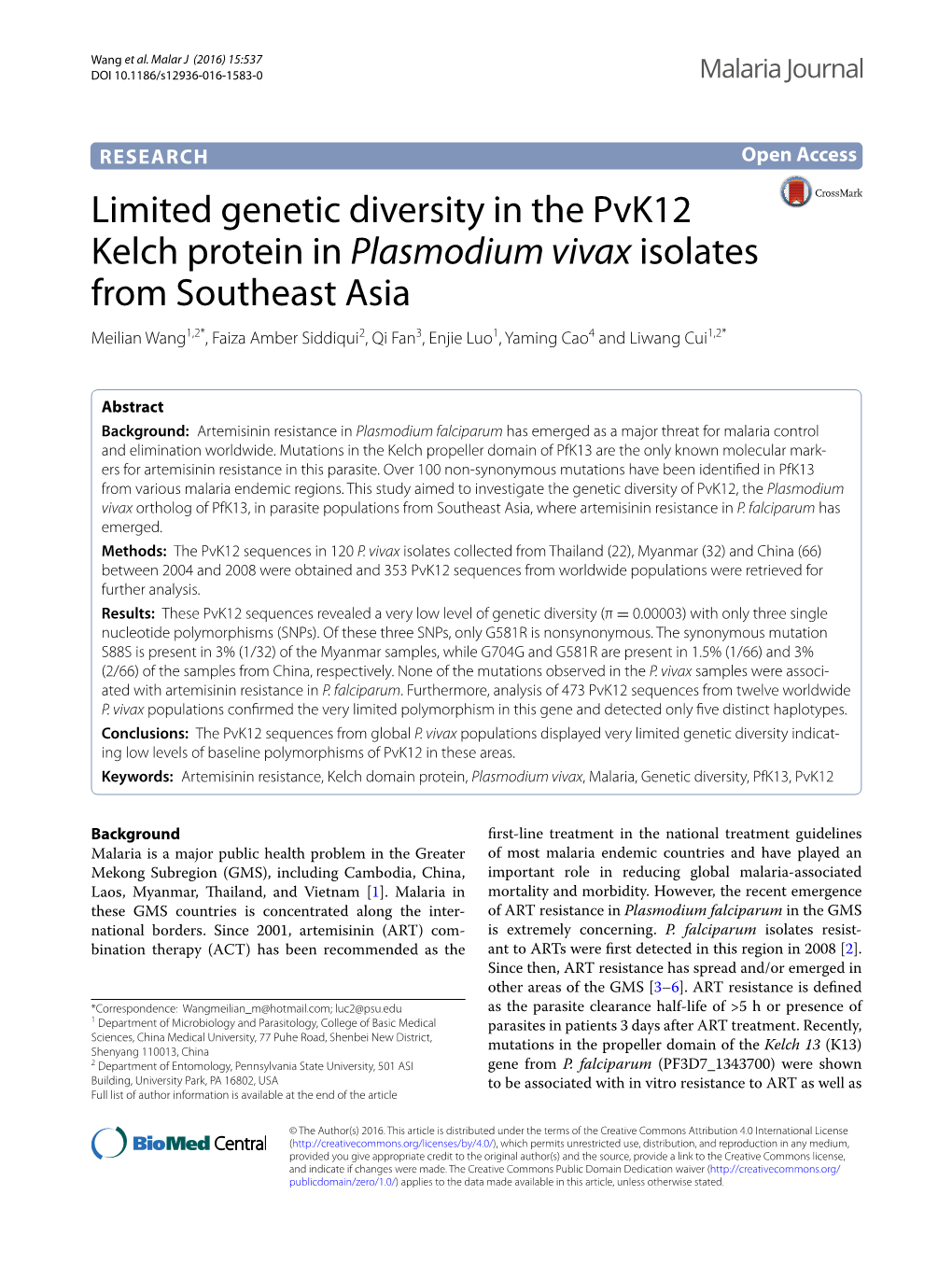Limited Genetic Diversity in the Pvk12 Kelch Protein in Plasmodium Vivax