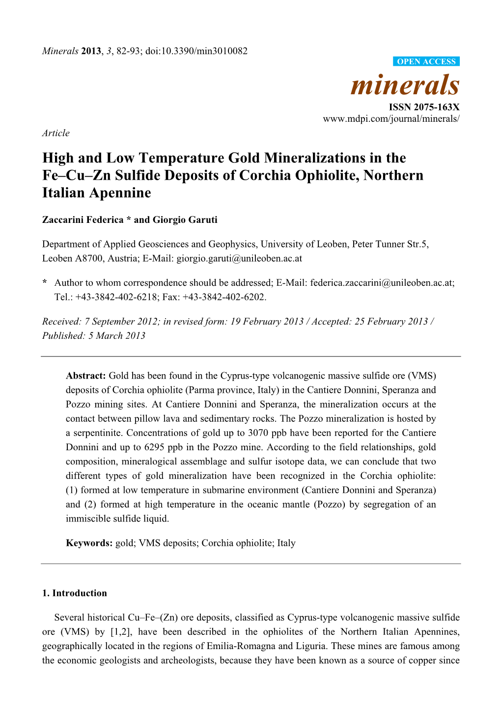 High and Low Temperature Gold Mineralizations in the Fe–Cu–Zn Sulfide Deposits of Corchia Ophiolite, Northern Italian Apennine