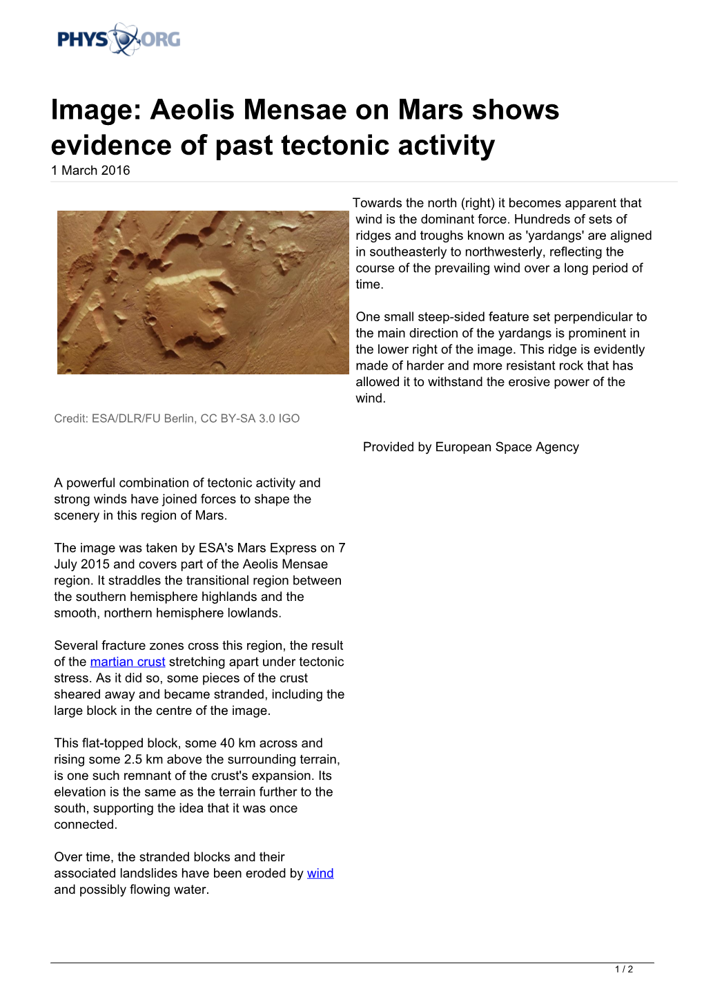 Aeolis Mensae on Mars Shows Evidence of Past Tectonic Activity 1 March 2016