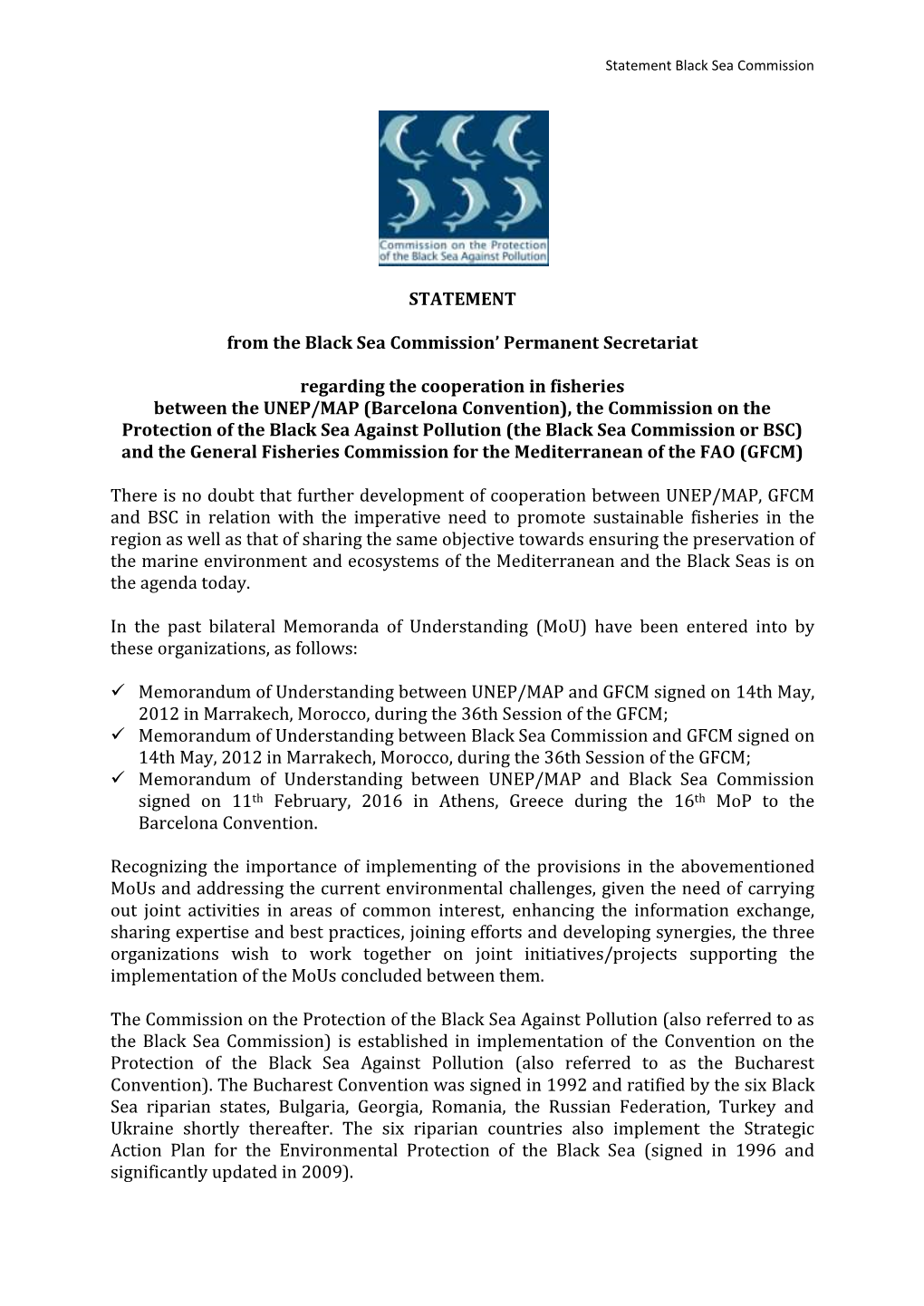 STATEMENT from the Black Sea Commission' Permanent Secretariat