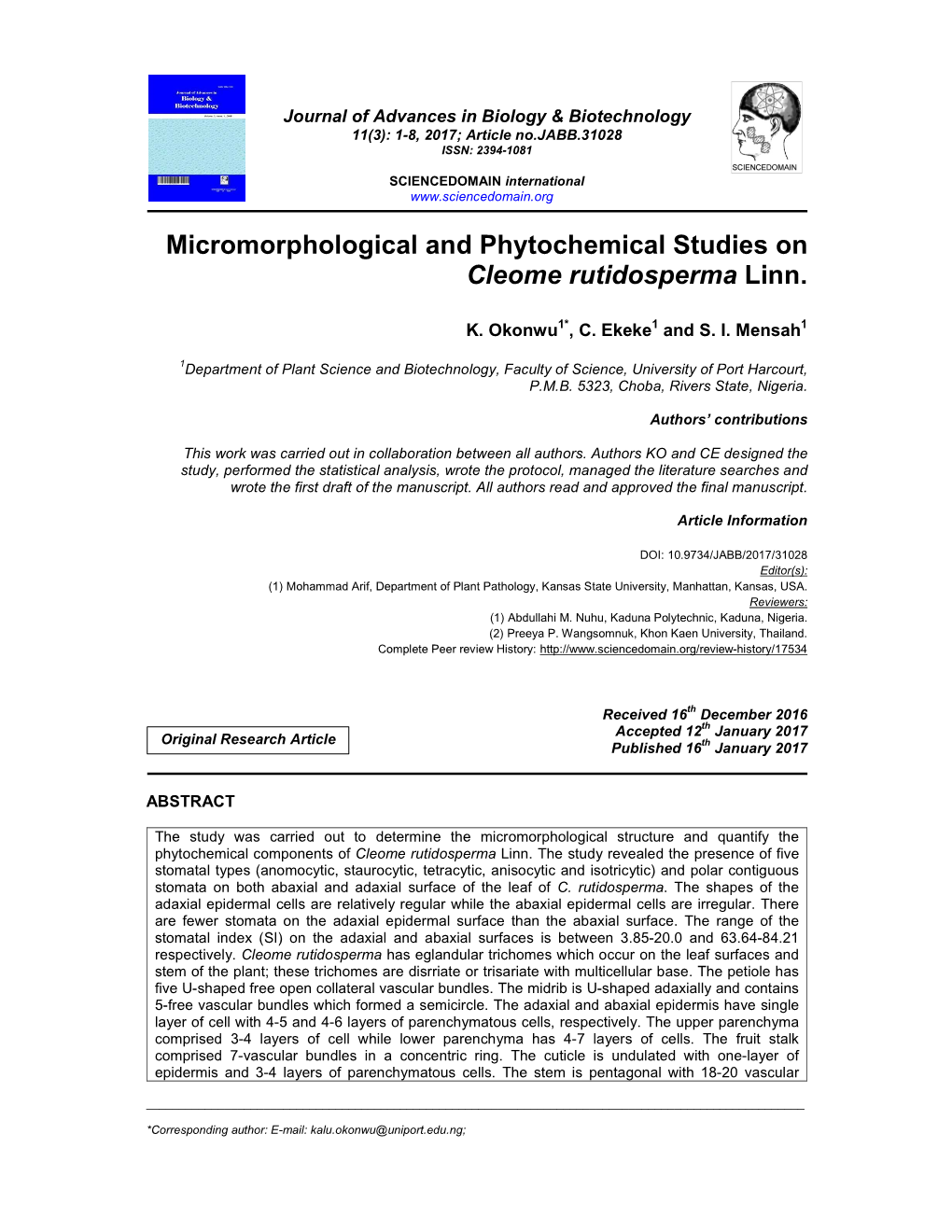 Micromorphological and Phytochemical Studies on Cleome Rutidosperma Linn