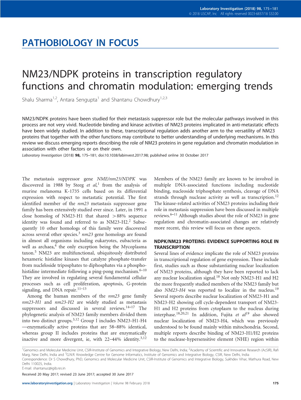 NM23/NDPK Proteins in Transcription Regulatory Functions and Chromatin Modulation: Emerging Trends Shalu Sharma1,2, Antara Sengupta1 and Shantanu Chowdhury1,2,3