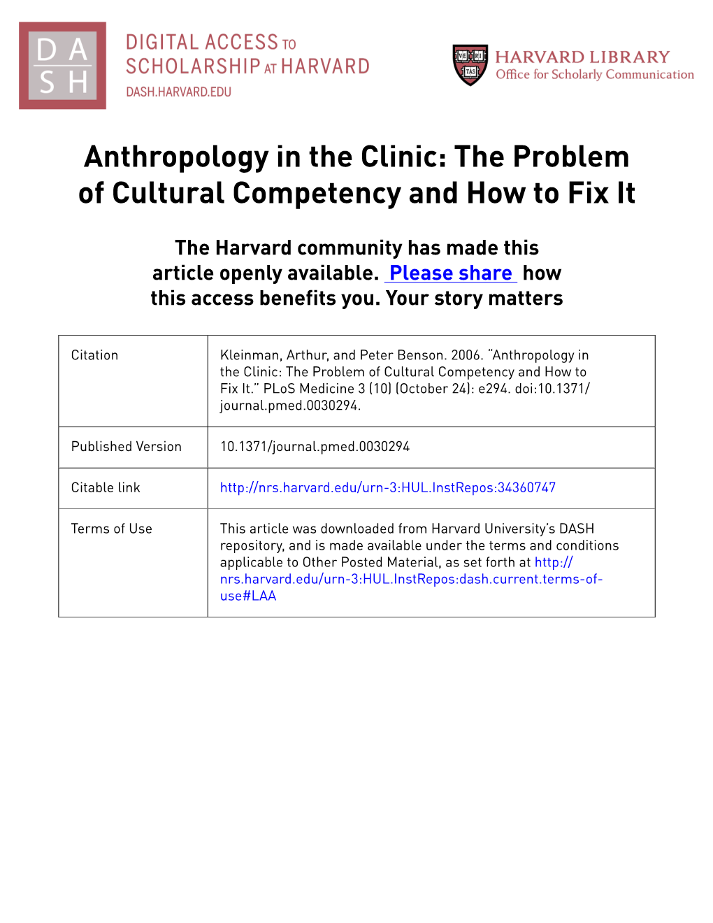 Anthropology in the Clinic: the Problem of Cultural Competency and How to Fix It