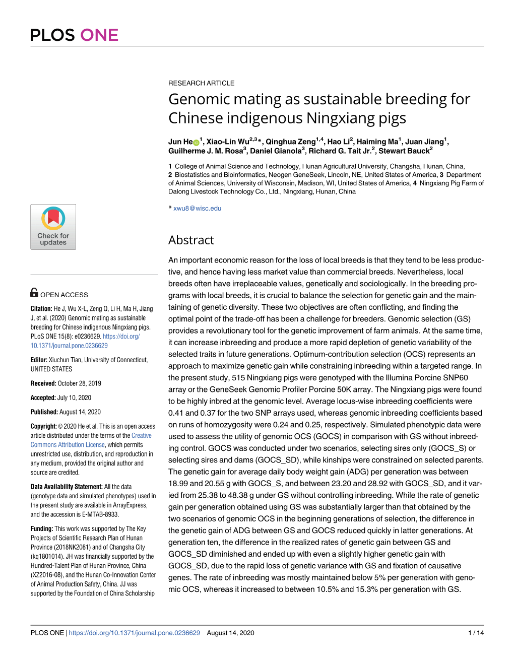 Genomic Mating As Sustainable Breeding for Chinese Indigenous Ningxiang Pigs