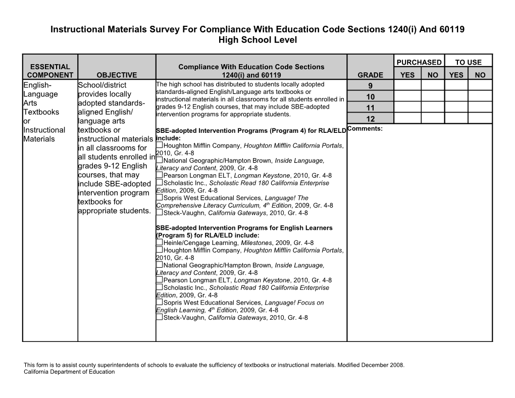 IM High School Survey - Instructional Materials (CA Dept of Education)