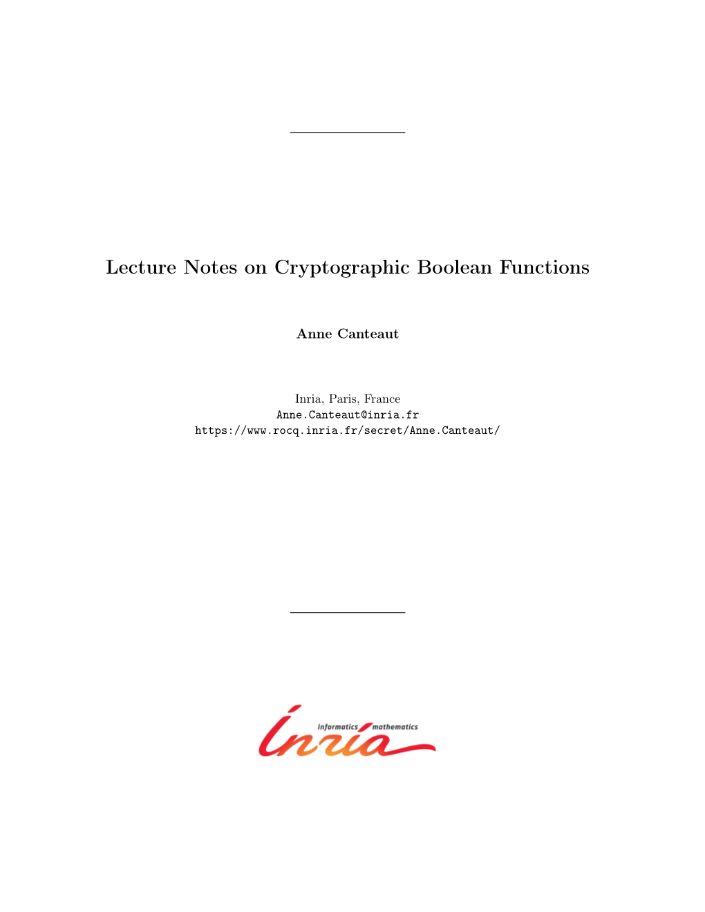 Lecture Notes on Cryptographic Boolean Functions