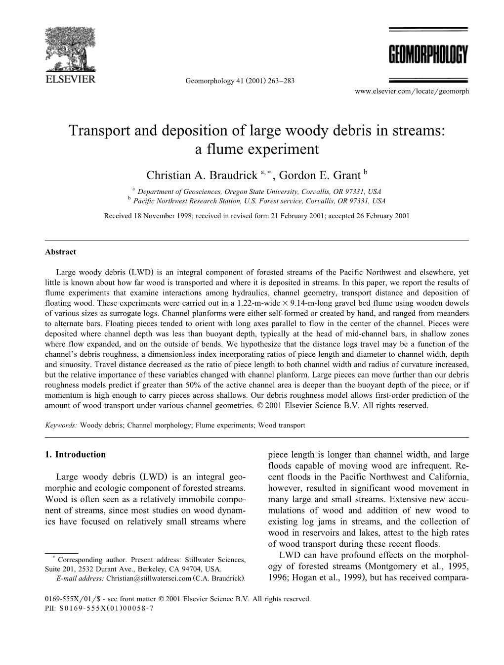 Transport and Deposition of Large Woody Debris in Streams: a Flume Experiment