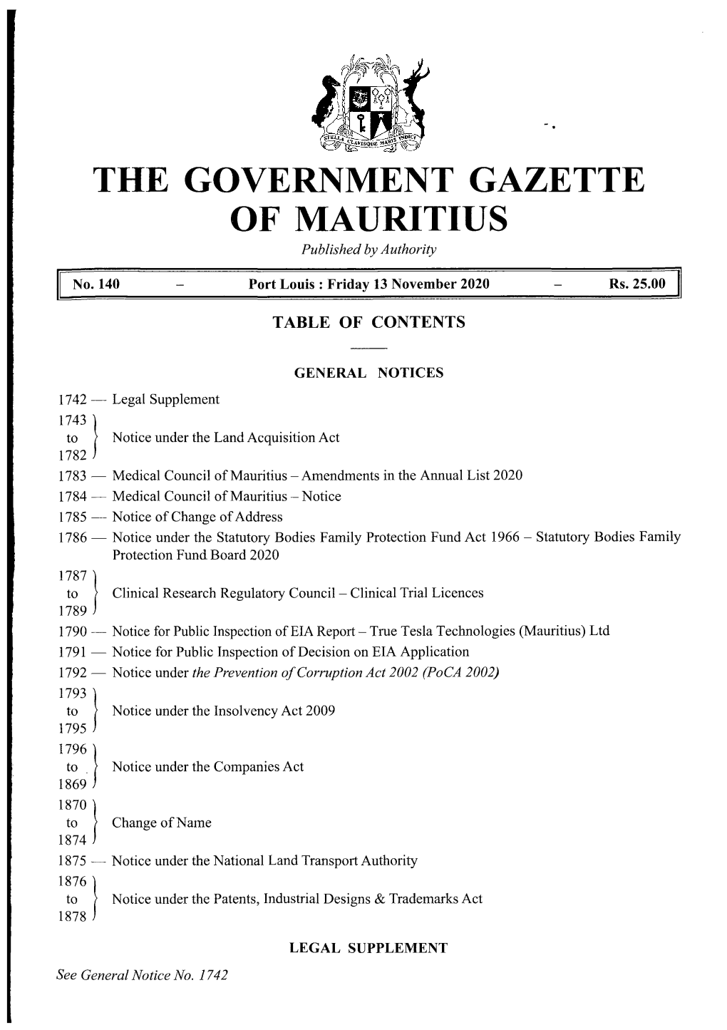 THE GOVERNMENT GAZETTE of MAURITIUS Published by Authority