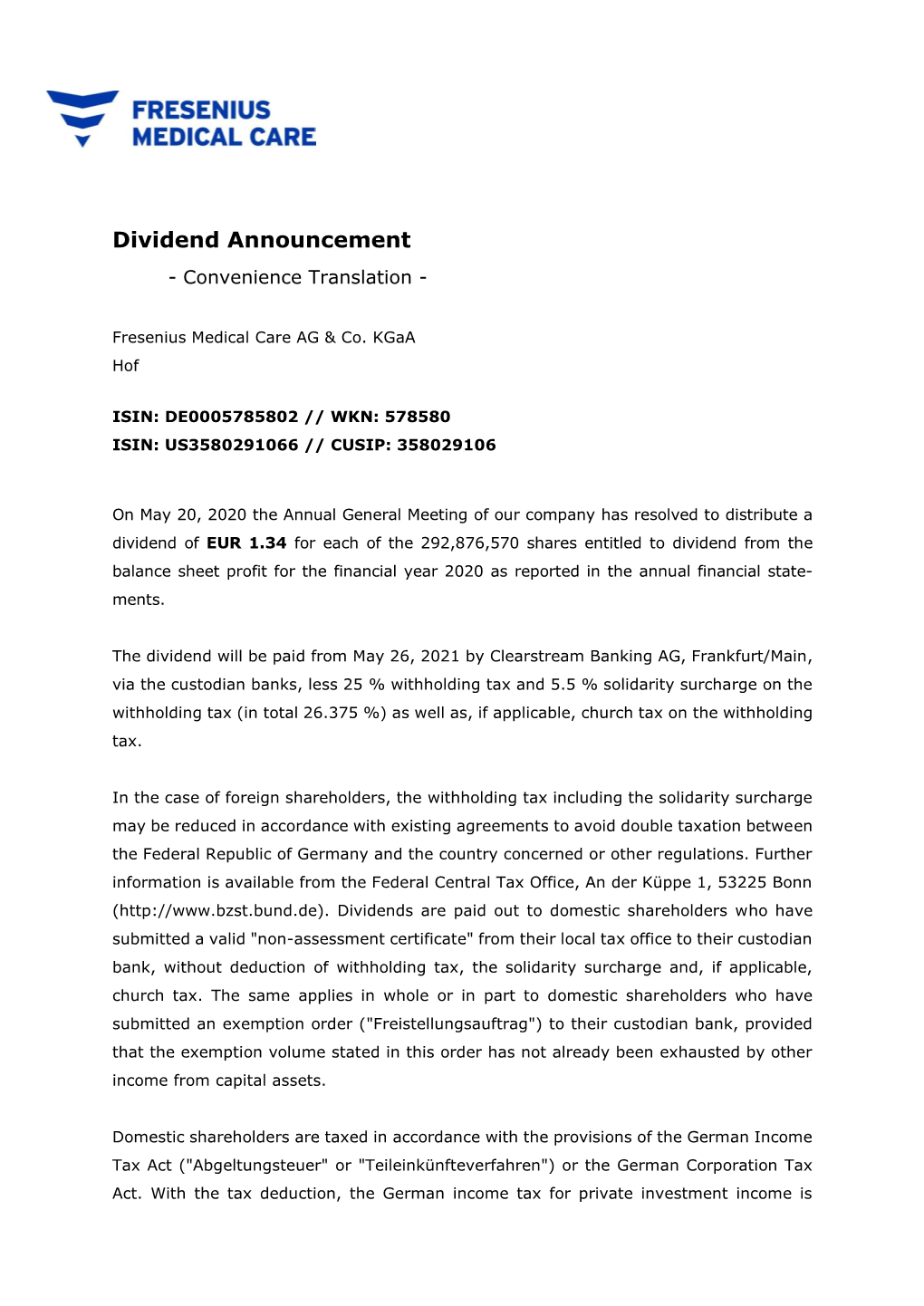 Dividend Announcement - Convenience Translation