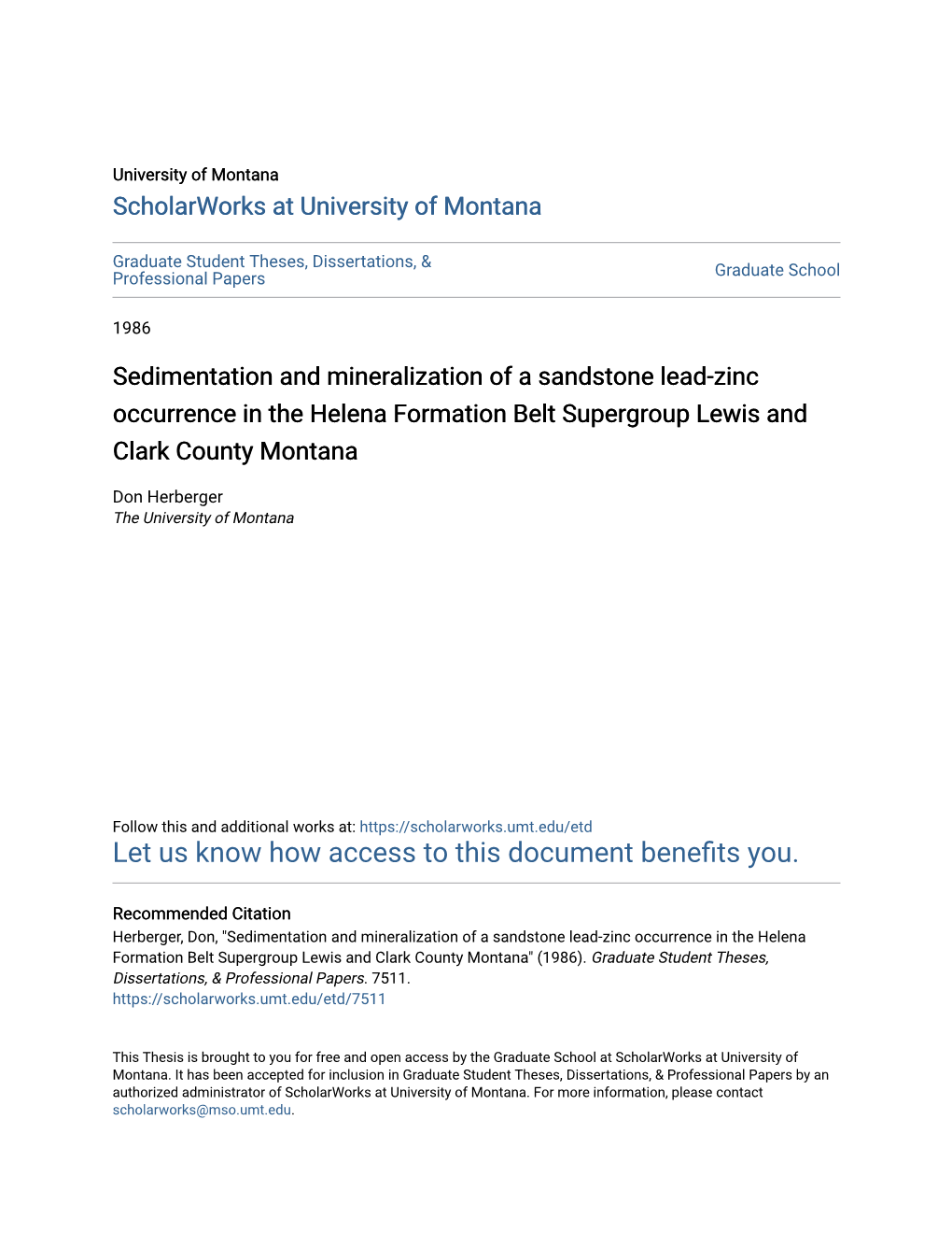 Sedimentation and Mineralization of a Sandstone Lead-Zinc Occurrence in the Helena Formation Belt Supergroup Lewis and Clark County Montana