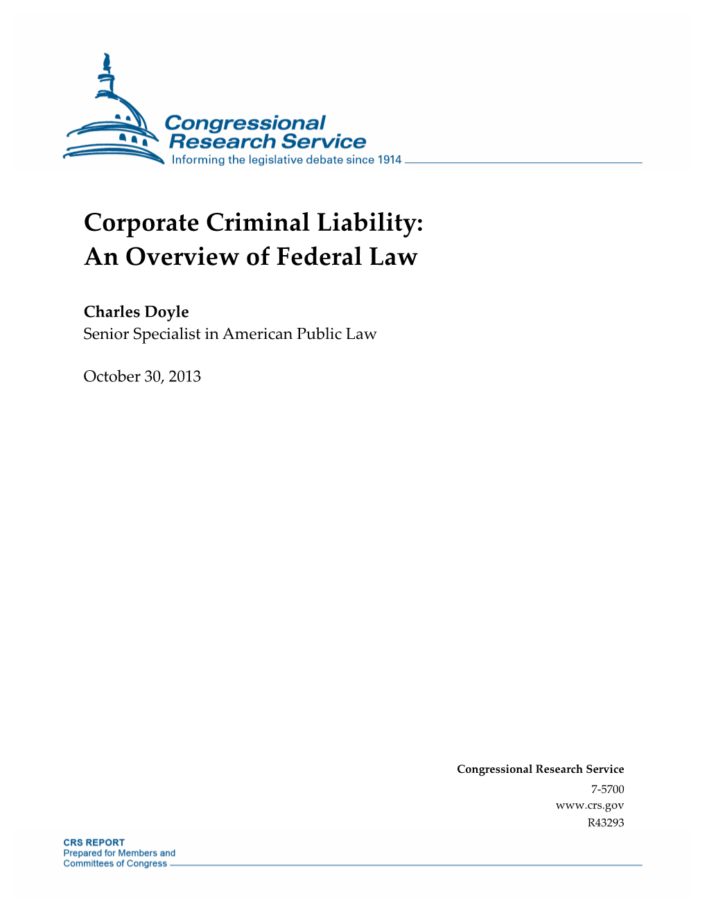 Corporate Criminal Liability: an Overview of Federal Law