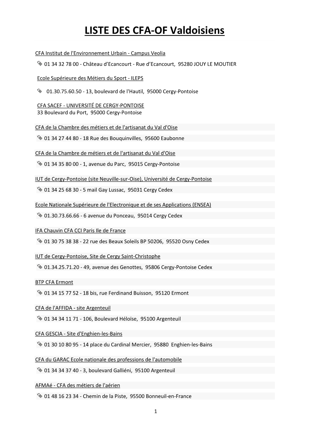 LISTE DES CFA-OF Valdoisiens