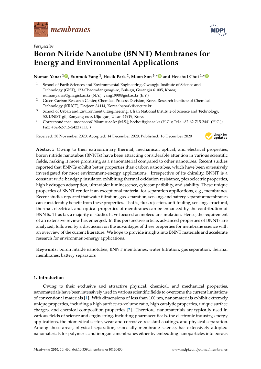 Boron Nitride Nanotube (BNNT) Membranes for Energy and Environmental Applications