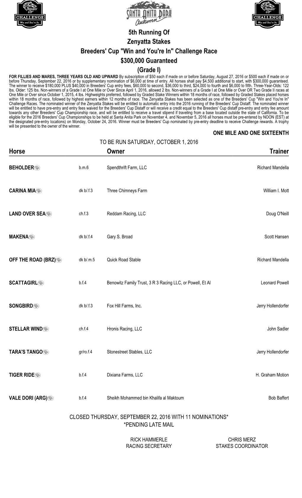 5Th Running of Zenyatta Stakes Breeders'