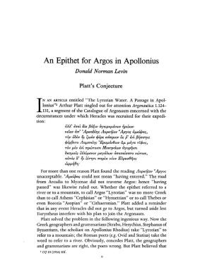 An Epithet for Argos in Apollonius Levin, Donald Norman Greek, Roman and Byzantine Studies; Winter 1963; 4, 1; Proquest Pg