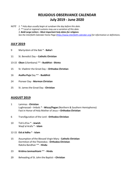 RELIGIOUS OBSERVANCE CALENDAR July 2019 - June 2020