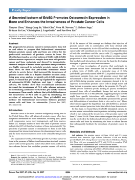 A Secreted Isoform of Erbb3 Promotes Osteonectin Expression in Bone and Enhances the Invasiveness of Prostate Cancer Cells