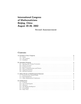 International Congress of Mathematicians Beijing, China August 20-28, 2002 Second Announcement