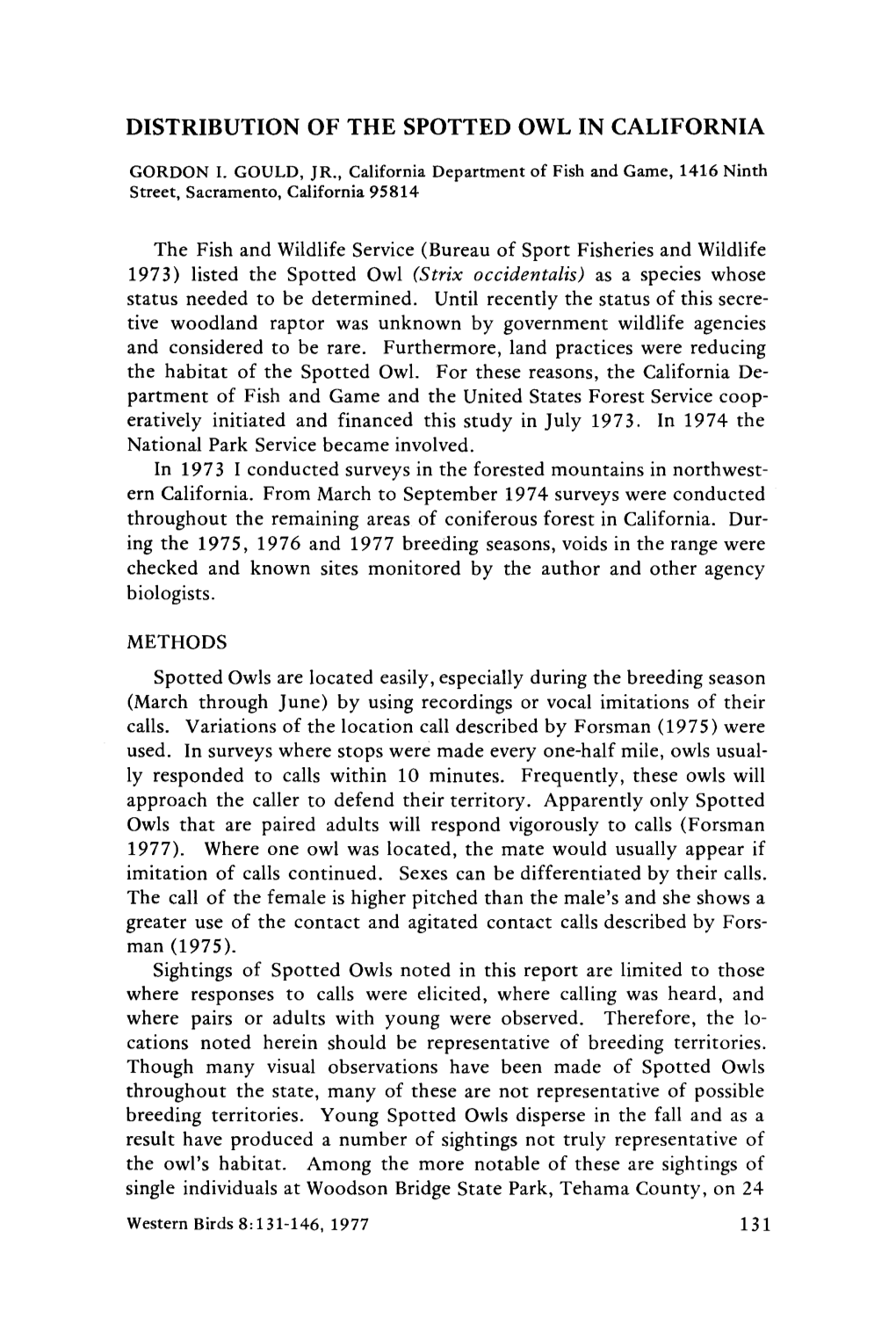 Distribution of the Spotted Owl in California