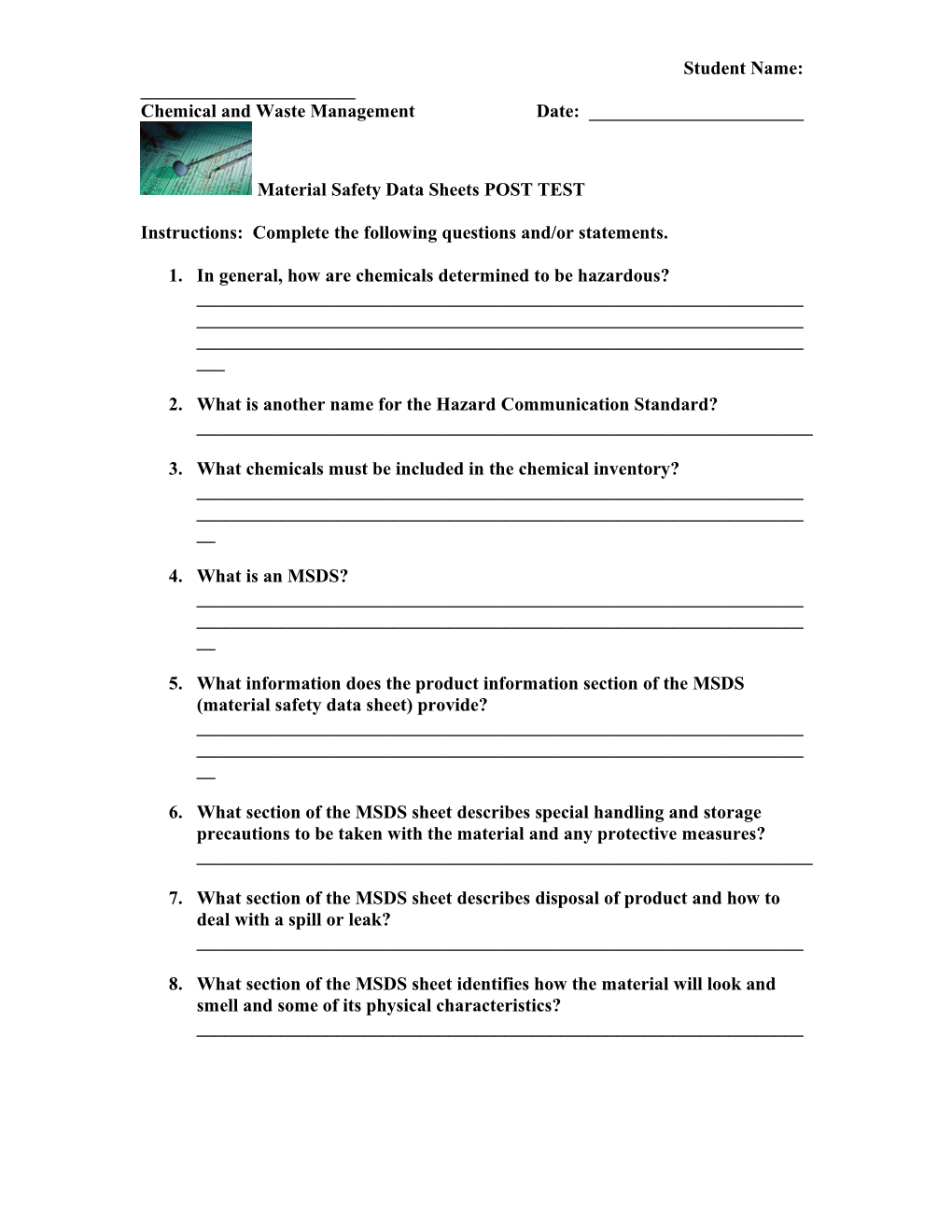 Material Safety Data Sheets POST TEST