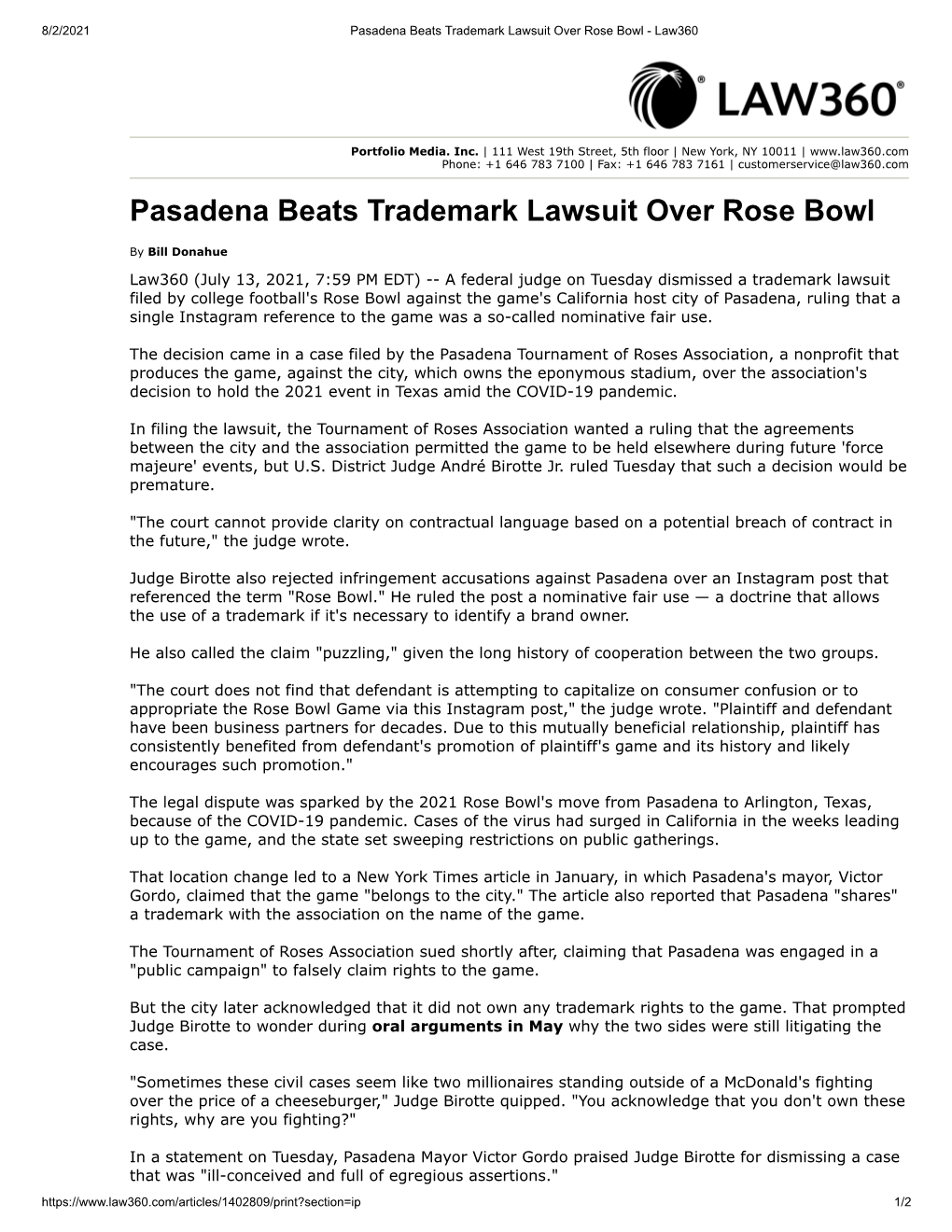 Pasadena Beats Trademark Lawsuit Over Rose Bowl - Law360