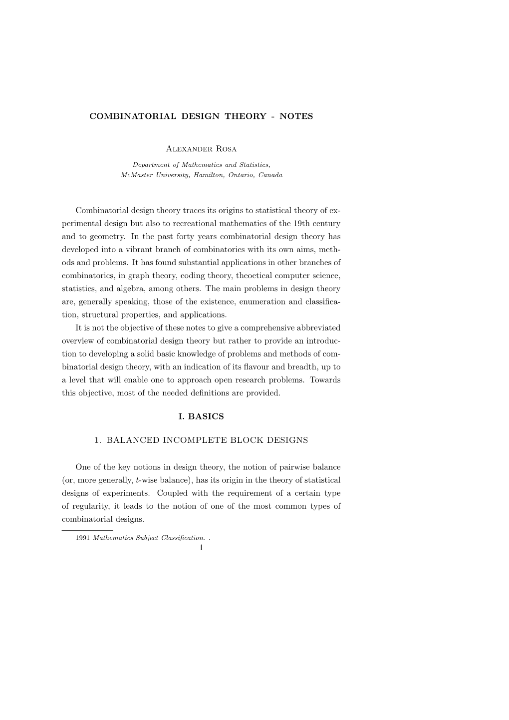 Combinatorial Design Theory - Notes