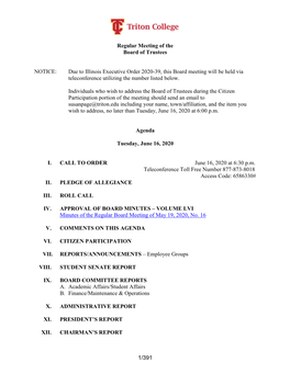 Regular Meeting of the Board of Trustees NOTICE: Due to Illinois