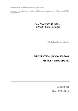 M 5658 Unilever Sara Lee Decision Non-Confidential V2